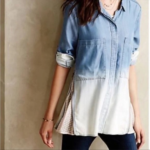 Holding Horses Anthropologie Ombre Denim Zip Lace Detail Shirt Size 2 - Picture 1 of 12